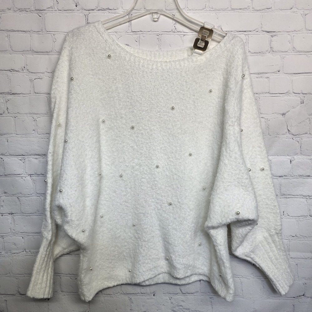 Pearl-Embellished White Women's Sweater